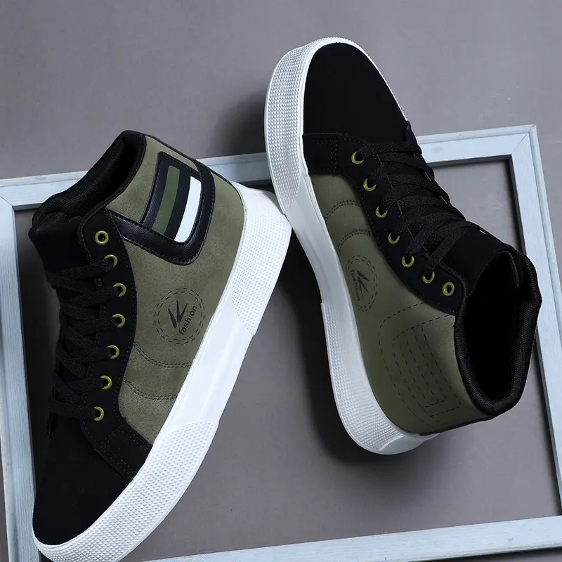 Men's High-Top Sporty Casual Shoes, Colorblock, Breathable PU Leather, Comfortable Skateboarding Sneakers, Skate Footwear, All Seasons