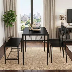 4 Piece Black Dining Table Set, Rectangular MDF Dinner Table with 2 Ergonomic Backrest Chairs and 1 Bench, Metal Frame Waterproof Multi-functional Table, Space Saving Easy Assembly Home Furniture for Kitchen Living Room Study Small Apartment