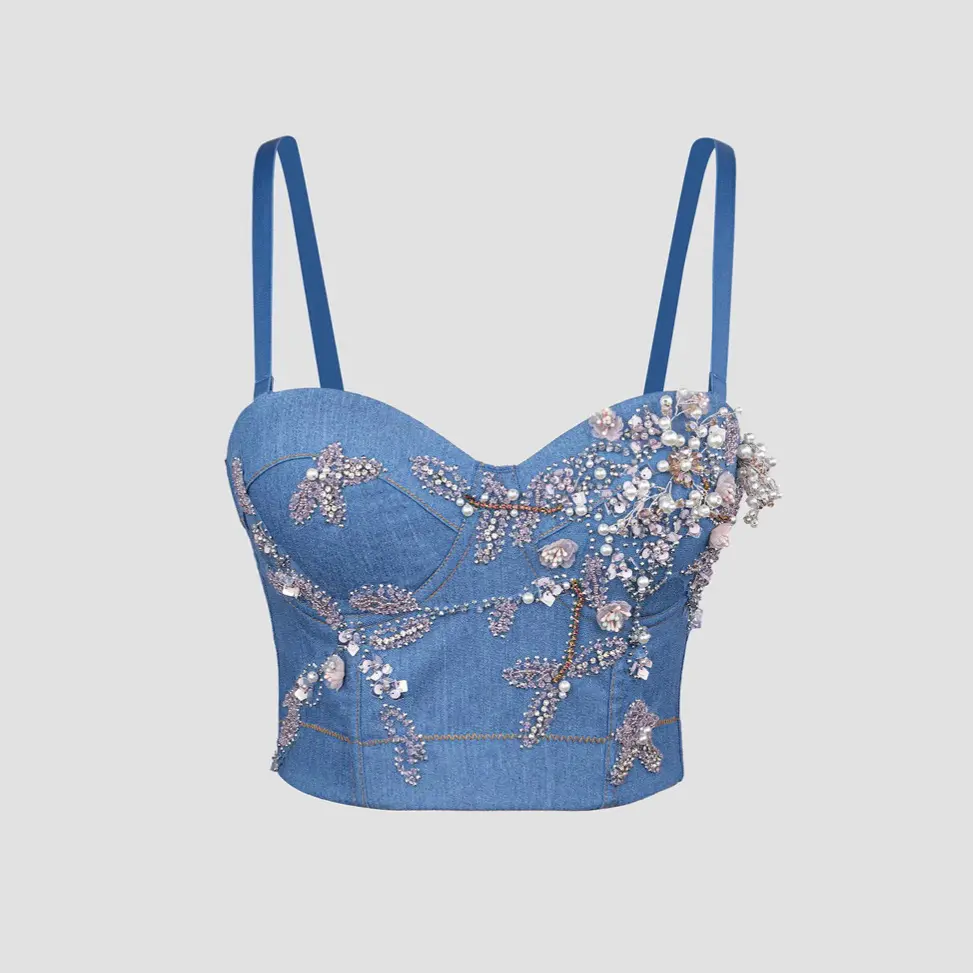 Women's Sleeveless Pearl-Beaded Sequin Floral Corset Crop Top - Geometric Light Denim Backless Spaghetti Strap Shaper Vest for Club, Cowboy-Inspired Looks