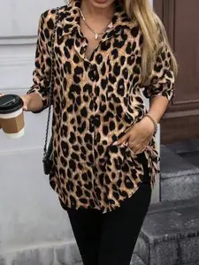 Vintage Bohemian Casual Shirt, Leopard Print Lapel Collar Tie-Up Top, Simple Style, Perfect for Relaxing, Unique Fashion Piece