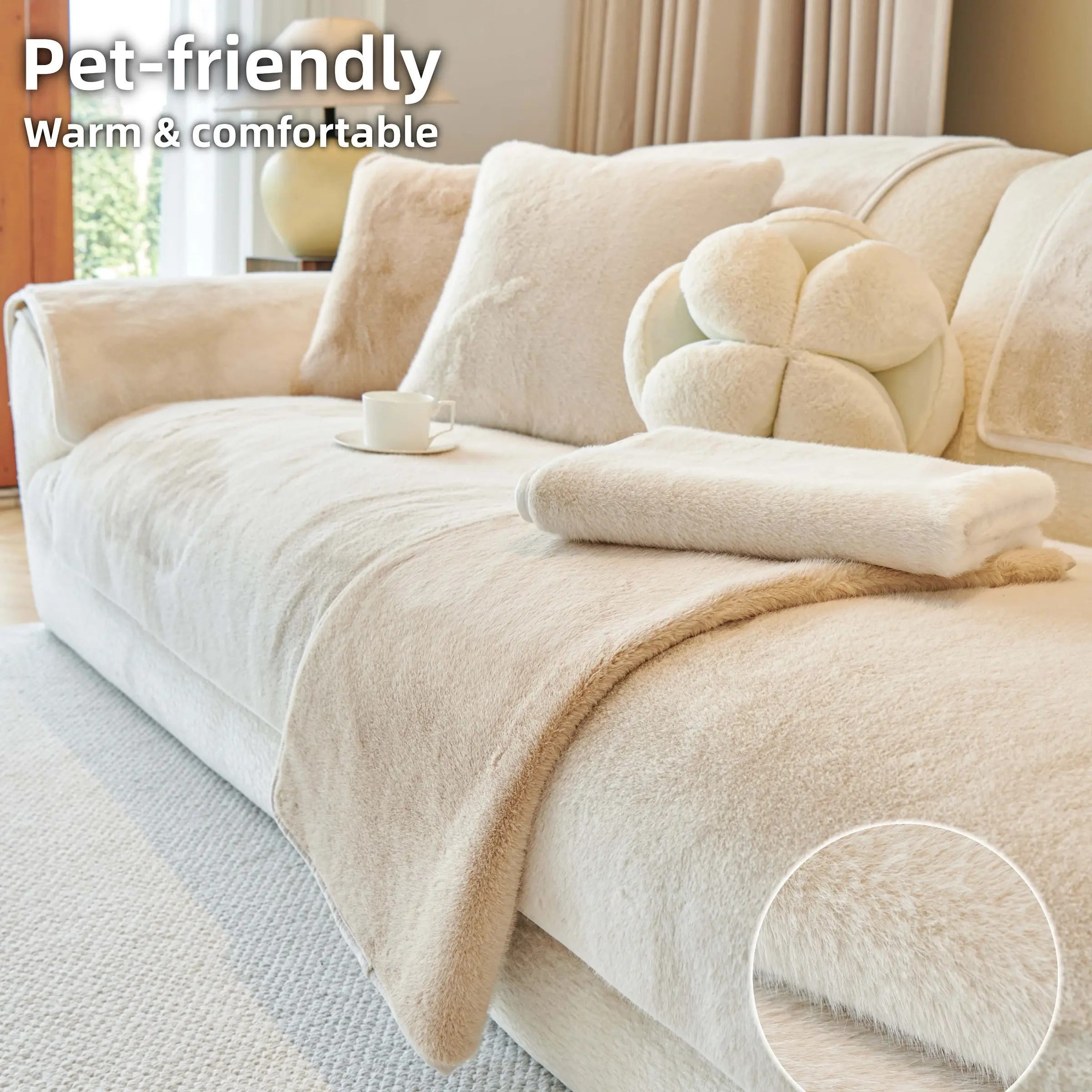 Luxury faux mink fur Sofa Cover, 1 Count Warm Thick Sofa Cushion Cover, Pet-Friendly & Machine Washable Couch Cover, Non-Slip Bottom, Anti-Scratch, All-Season Throw, Fits 1/2/3/4-Seater & L-Shape Sectional, Easy Install, Cozy Beige Living Room Decor