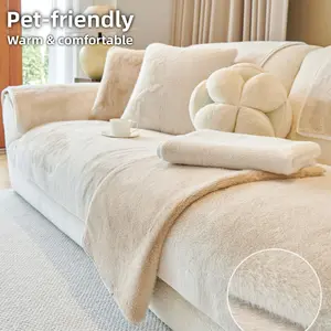 Luxury faux mink fur Sofa Cover, 1 Count Warm Thick Sofa Cushion Cover, Pet-Friendly & Machine Washable Couch Cover, Non-Slip Bottom, Anti-Scratch, All-Season Throw, Fits 1/2/3/4-Seater & L-Shape Sectional, Easy Install, Cozy Beige Living Room Decor