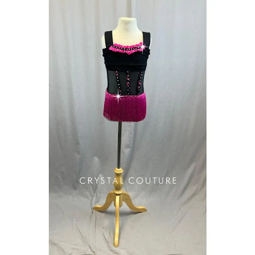 Semi- Custom Black Lace Leotard with Mesh Insert, Pink Fringe Skirt, and Lace Boning - Rhinestones