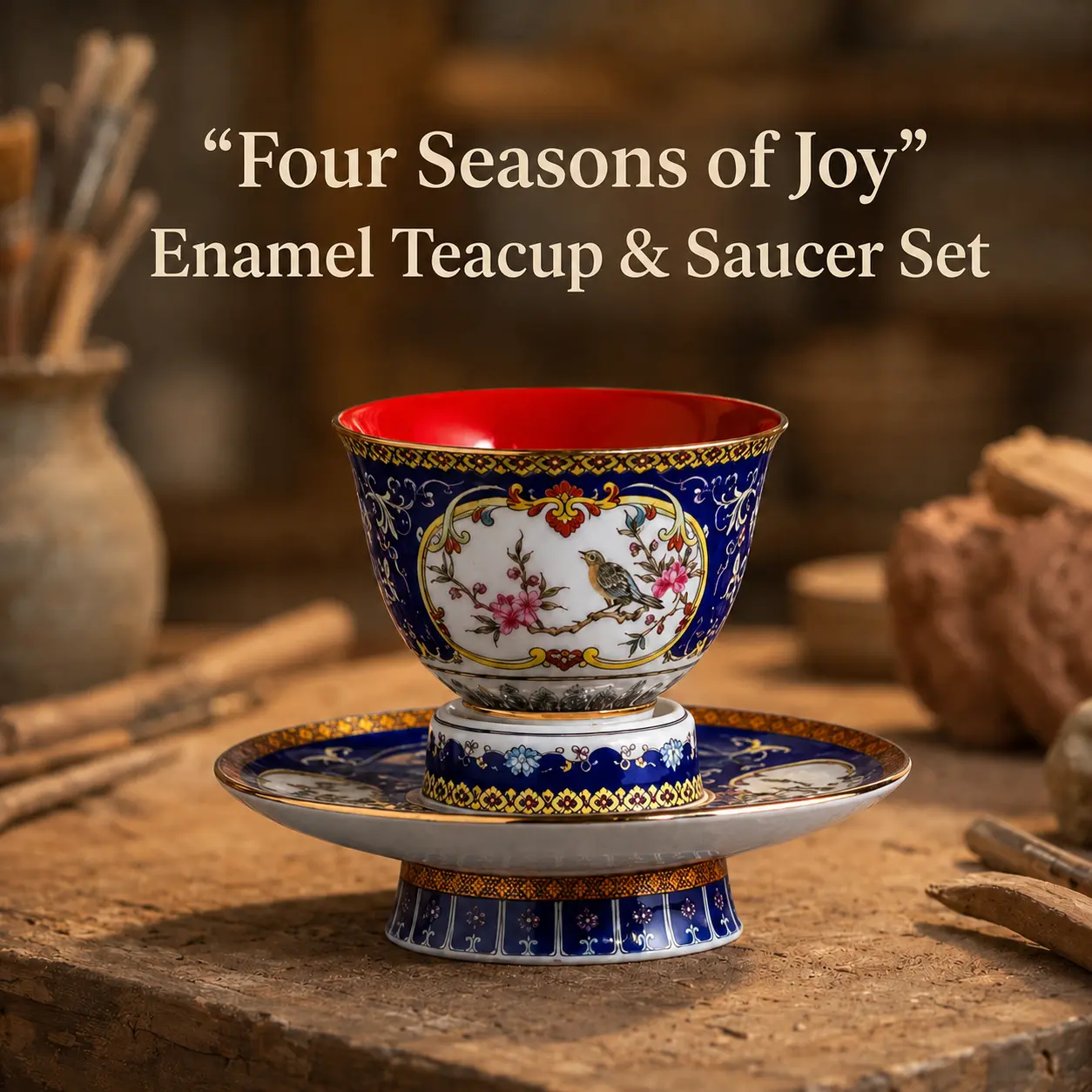 Four Seasons of Joy Traditional Enamel Porcelain Teacup and Saucer Set Drinkware, Blue, Yellow, and Pink, Mug