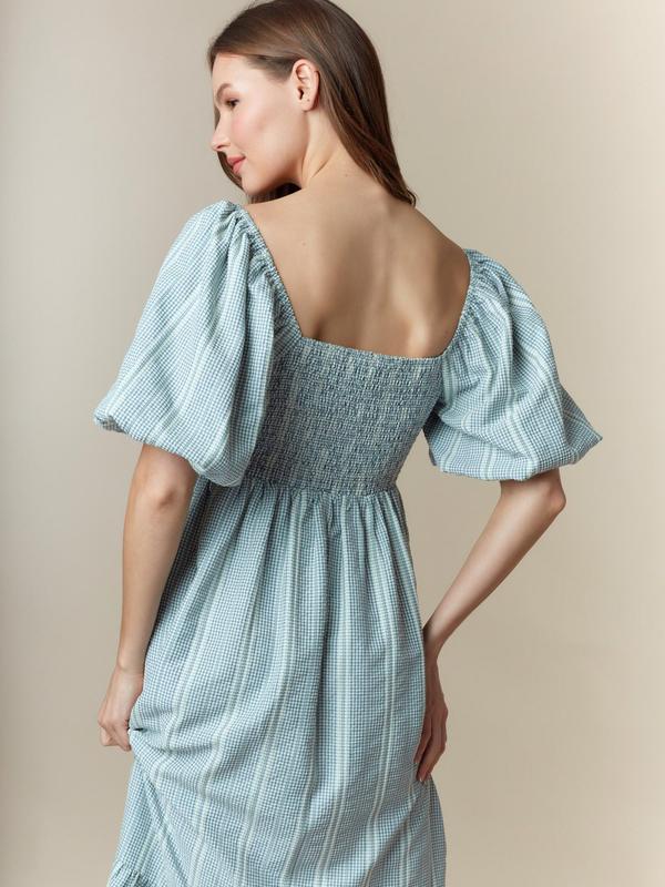 Front Velvet Bow Detail Bubble Sleeve Midi Dress