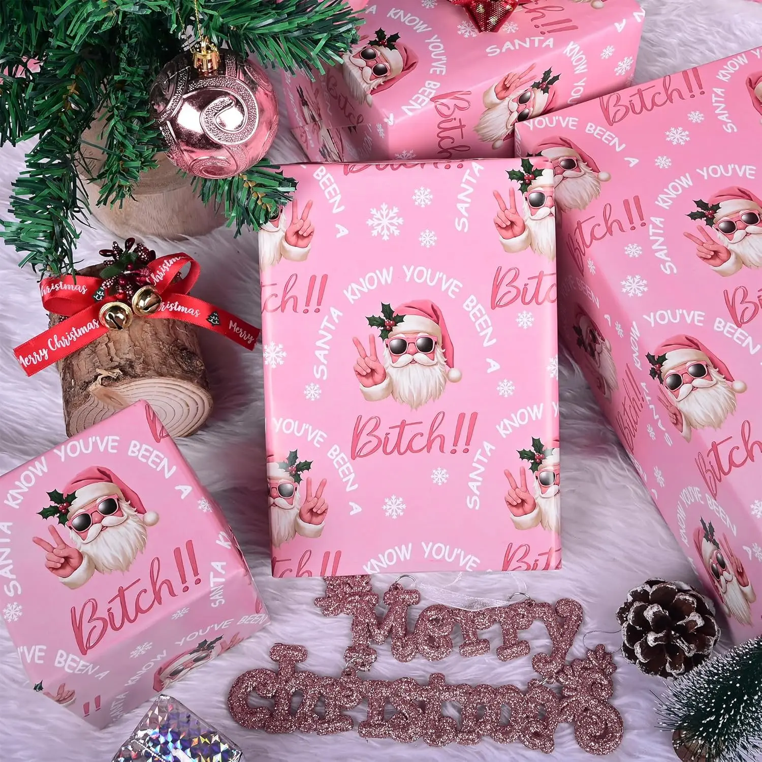 Pink Christmas Santa Wrapping Paper - Funny Christmas Wrapping Paper Roll for Adult Men Women - - Teen Slang Gift Wrap Papers - Pink Birthday Wrap - Santa Gift Wrap - Viral Gift Paper