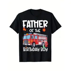 Men's Firefighter Dad Birthday T-Shirt with Fire Truck Graphic Print 100% Cotton Crew Neck Casual Tee for Father's Day Gift Bday Celebration