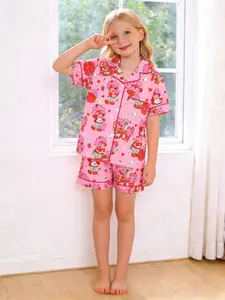 2-piece children's foundation make-up all over strawberry cake girl kitten afternoon tea cartoon pattern printed short sleeved shorts soft comfortable lapel design top small pocket elastic waistband daily casual home children's pajamas set