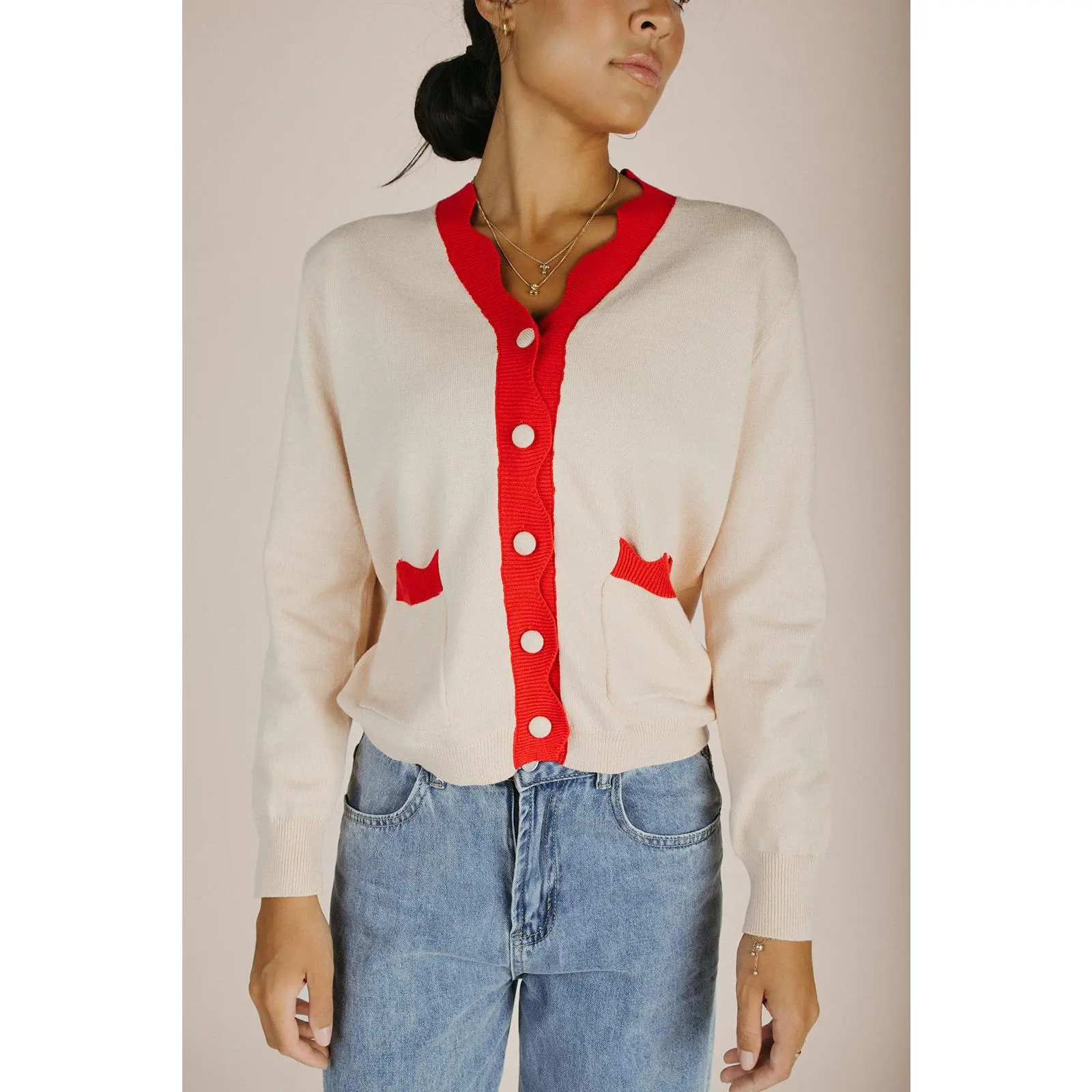 The Lonnie Scalloped Detail Cardigan in Cream + Red