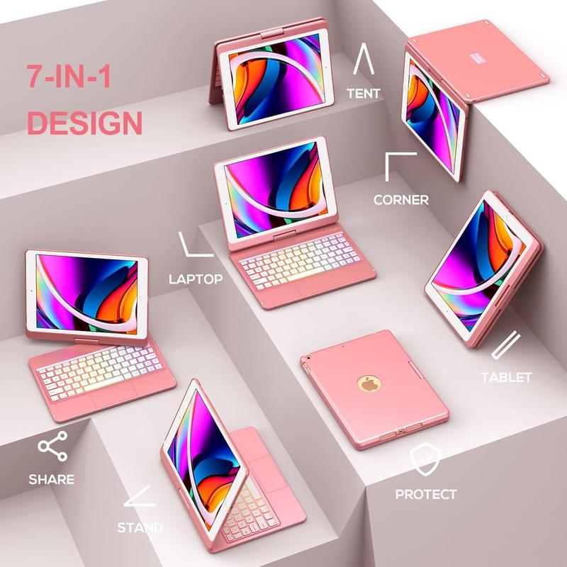 (R) Keyboard Case Compatible with iPad 10.2 inch 9th Gen 2021,for iPad 8th Generation 2020, 7 Color Backlit 360 Rotatable  Detachable  Keyboard Cover Tablet Case