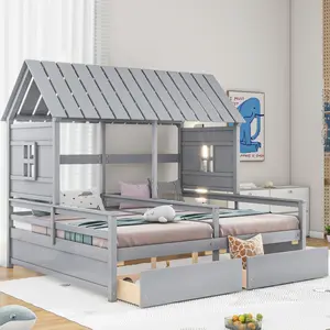 Twin Size House Platform Beds with Two Drawers for Boy and Girl Shared Beds, Combination of 2 Side by Side Twin Size Beds, Gray    RR