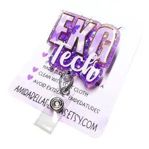 EKG Tech Badge Reel, ID Holder with Clear Plastic Strap, 34" Cord Length, Durable Acrylic Design, Includes Swivel Alligator Clip