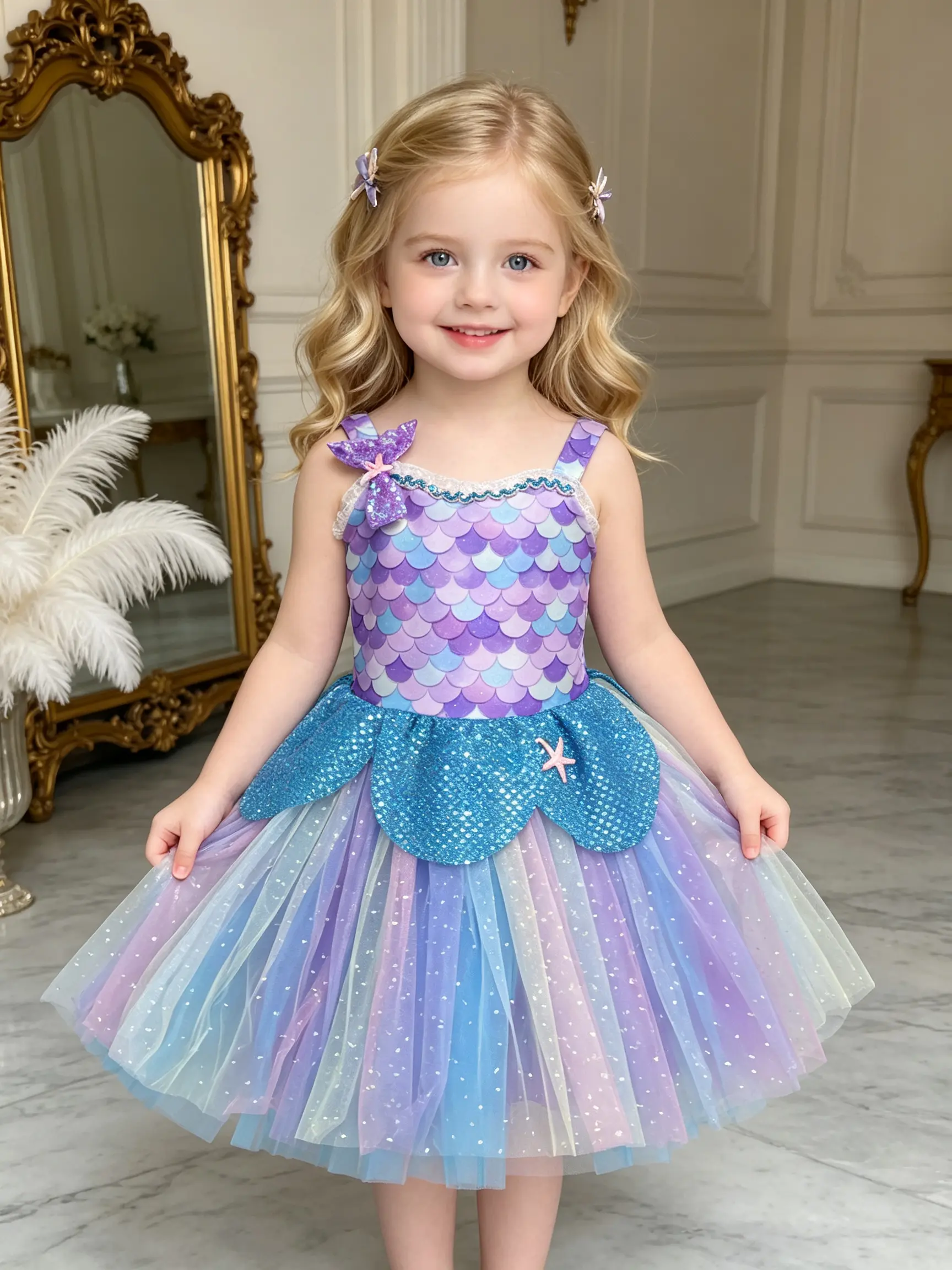 Toddler Girls Mermaid Tutu Dress Ombre Scale Print Spaghetti Strap Glitter Tulle Princess Costume for Birthday Party Halloween Cosplay Photo Shoot