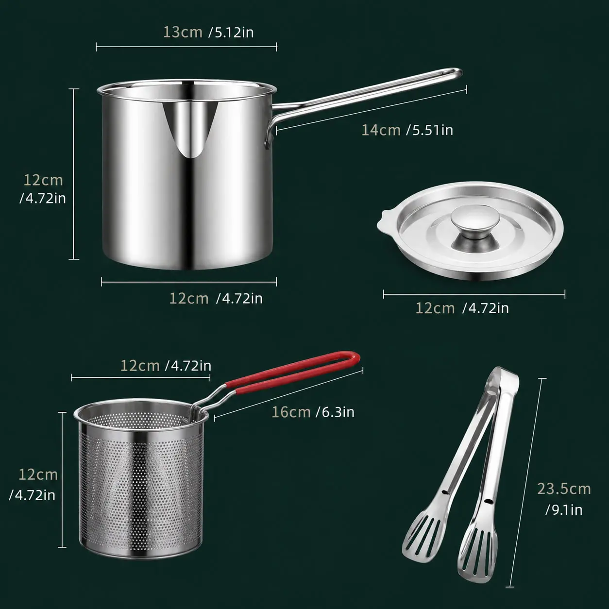 3Pcs Stainless Steel Deep Fryer Set - 5.12*4.72in 1-Person Mini Pot with Fry Pot, Filter Basket & Food Clip, Rust-Resistant Portable Cookware for Home Kitchen Chips, Chicken Wings