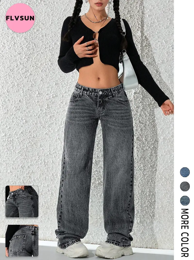 Flvsun-Wide Leg Baggy Jeans for Women–Y2K Low Rise Denim jeans, Button Closure & Belt Loose Fit,baggy Fit Jean  Basic  Minimalist Bottoms