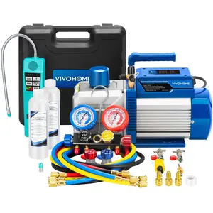 VIVOHOME 1 HP 9.6 CFM Dual Stage HVAC Vacuum Pump and 4 Way AC Manifold Gauge Set with Leak Detector 5ft Hoses & Accessories for R134a R12 R22 R502 R410a Automotive Air Conditioner Maintenance