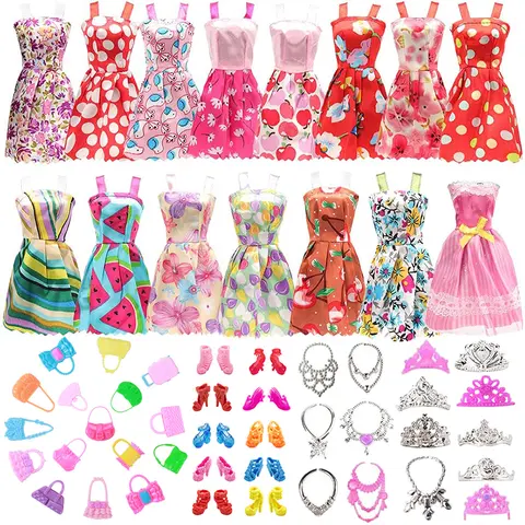 11-Inch Doll Clothing Set - 38 Pcs Handmade Elastic Fashions, 10 Dresses, 10 Shoes, Necklaces, Crowns, Bags, High-Quality Sewing, Random Styles, Unisex Kids' Birthday Gift, Dress-Up Essentials for Role Playing, 11-Inch Dolls