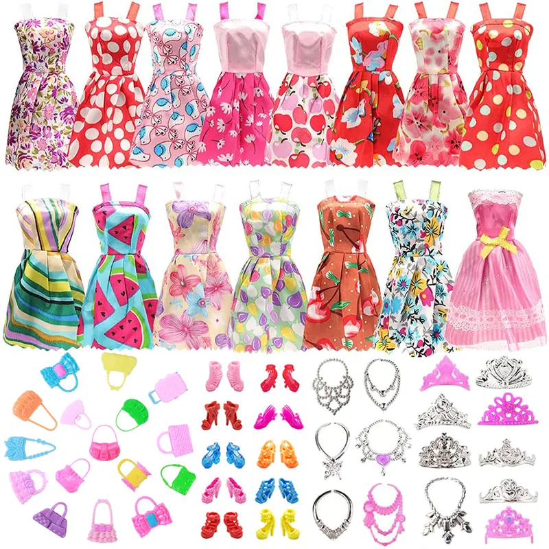 11-Inch Doll Clothing Set - 38 Pcs Handmade Elastic Fashions, 10 Dresses, 10 Shoes, Necklaces, Crowns, Bags, High-Quality Sewing, Random Styles, Unisex Kids' Birthday Gift, Dress-Up Essentials for Role Playing, 11-Inch Dolls