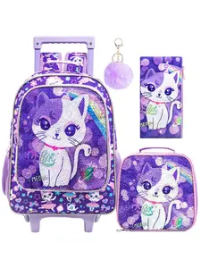 Three-Piece Girl Rolling Backpack Set, Cat Wheel Bag for Kids, Elementary School Wheeled Bookbag with Lunch Box and Pencil Case
