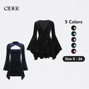 Cider Velvet V-neck Star & Moon Pattern Bell Sleeve Romper Curve & Plus