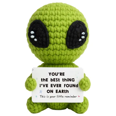 Mini Knitted Alien Plush Toy - Cute Handcrafted Emotional Support Cuddleready Plush, Soft Stress Relief Doll, Color Block Knit Bag Charm & Desk Decor, Gift for Him Her, Teacher, Fathers Day, Birthday
