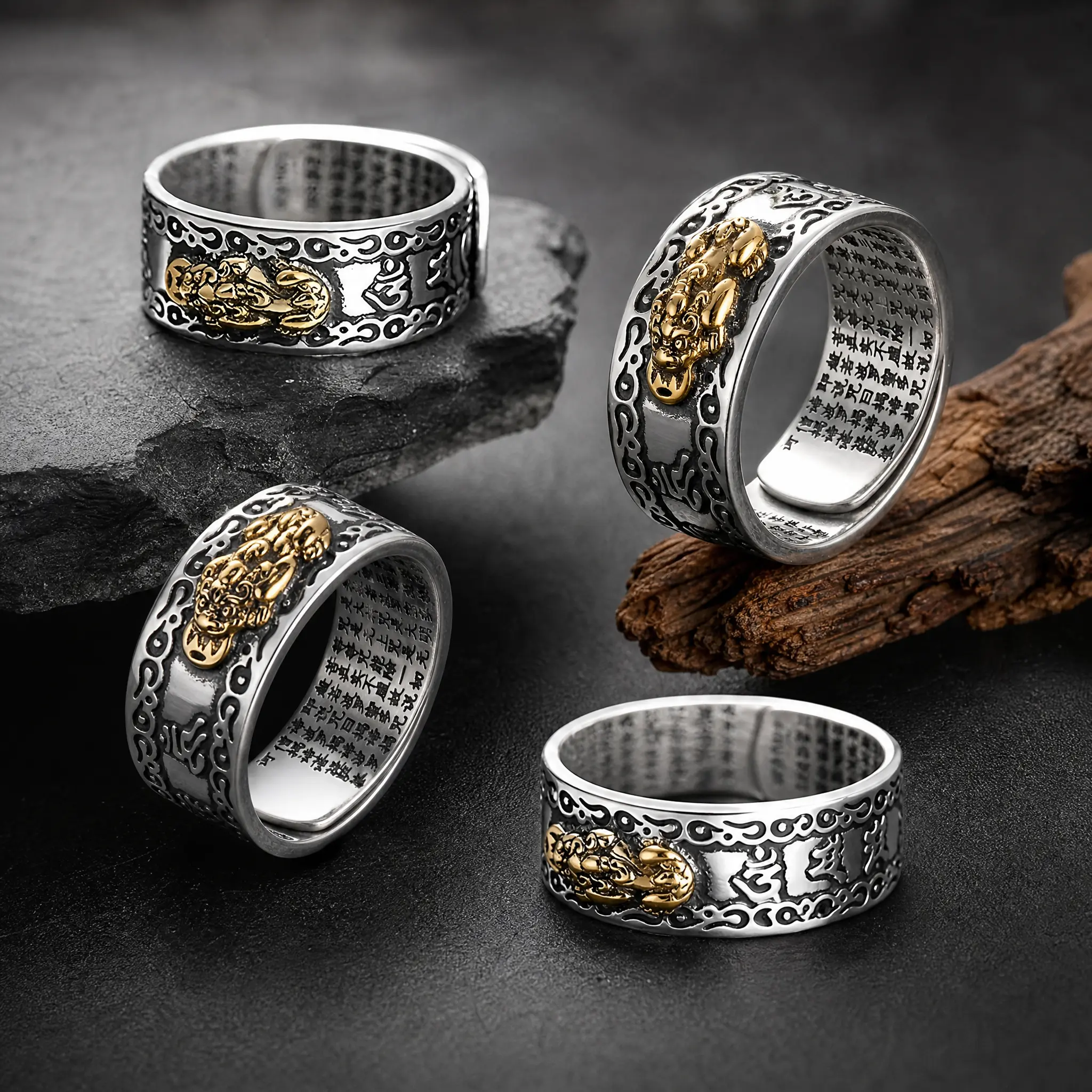 Vintage Pixiu  Ring for Men Women,  Retro Feng Shui Pi Xiu Ring, 8mm Stainless Steel Feng Shui Wealth Ring, Buddhist Heart Sutra Engraved Open Band Ring, Lucky Amulet Jewelry Gift, Unisex  Retro  Jewelry  Gift