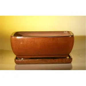 212 MAIN Professional Series Pre-Wired Rectangular Ceramic Bonsai Pot - 10.5x8x4.5 in, Aztec Orange, with Attached Moisture Drainage Tray