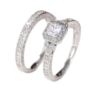 Two-piece bridal ring set, square-cut cubic zirconia, engagement/wedding ring, women's promise ring, sizes 7-9