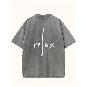 Men's Oversized Relaxed Fit Cotton T-Shirt - Soft Washed Grey with White '' Cursive Print, Breathable Summer Short Sleeve Crew Neck Tee, Machine Washable Casual Shirt for Beach, Lounge & Casual Attire - Ideal Gift for Men