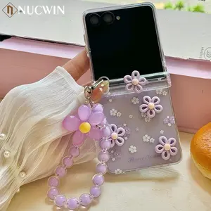 Hinge Protection 2in1 Lovely 3D Rotate Flower Phone Case For Samsung Galaxy Z Flip 7 6 5 4 3 7 FE Wrist Chain Shockproof Cover
