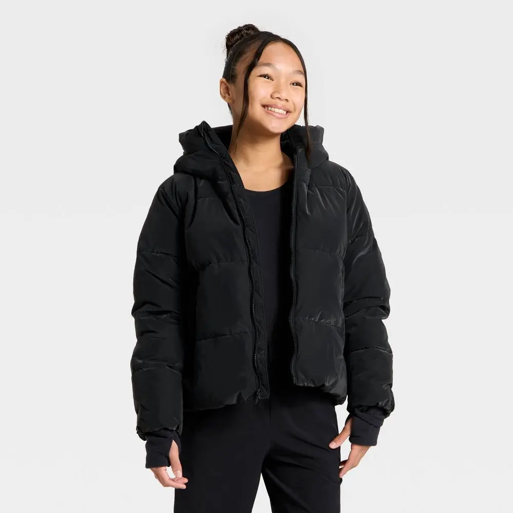 All In Motion Girls' Midweight Puffer Jacket - Water-Resistant Hooded Coat