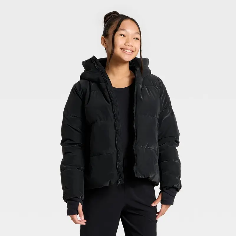 All In Motion Kids Clothing Girls' 100% Nylon Ripstop Taffeta Shell Midweight Casual Comfy Jacket - Water-Resistant, Hooded, Long Sleeve, Full-Zip, Channel Stitch, 2 Zippered Side Pockets, Accessory Clip, Cool Weather Outwear Coat