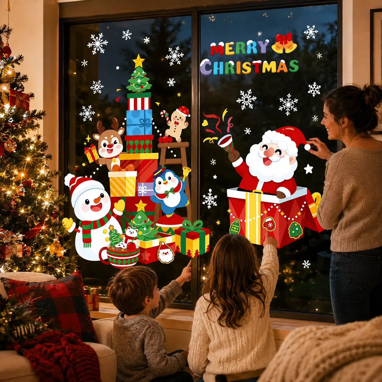 Christmas Window Clings for Glass, Large Santa Claus Christmas Tree Snowflake Window Stickers with Reindeer Snowman, Reusable Xmas Decals for Home Door Classroom Storefront Holiday Decorations
