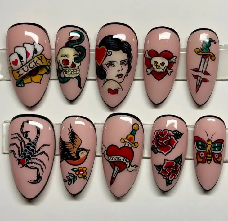 Old School Tattoo Press On Nails, Vintage Sailor Tattoo Nail Art, Skull Snake Heart Dagger Rose Design, Handmade Alternative Gothic Nails, Custom Fake Nail Set