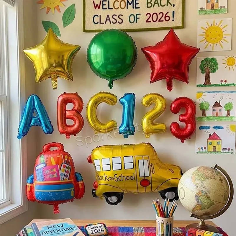 11pcs/set Back-To-School Theme Balloon Set, Abc123 Letter Number Aluminum Foil Balloons, Bus & Backpack Shapes, Multi-Color Star/circle Balloons