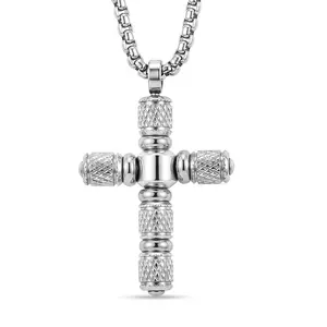 Tone Textured Cross Pendant Necklace in Stainless Steel 22 Inches