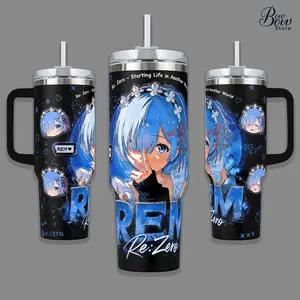 Rem Re Zero 40oz Tumbler with Handle — Blue Hair Oni Maid Anime Girl Stanley Style Quencher Cup & Straw, Gift for Waifu Fans