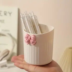 2-Pack Cute Bow Storage Buckets, High-End Cream Style Desktop Organizer, Large Capacity Makeup Brush & Pen Holder, Bathroom Vanity Storage