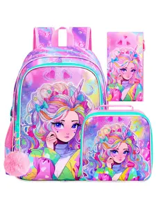 3PCS Unicorn Backpack for Girls, 16" Kids Preschool Bookbag with Lunch Box, School Bags Set for Elementary Kindergarten Toddler