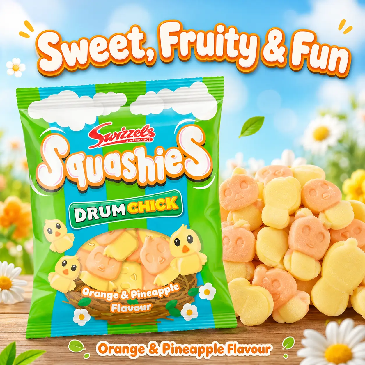 Swizzels Limited Edition Squashie Drum Chick Fruity  Chewy Candy, Orange-Pineapple Flavored Snack, Sweet Treat