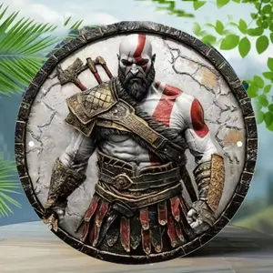 Vintage Kratos 8-Inch Round Aluminum Wall Art for Game Room Man Cave Decor Aluminum Sign