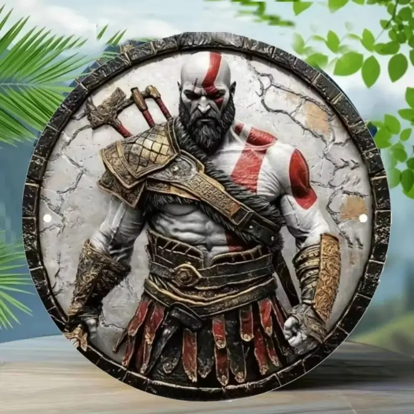 Vintage Kratos 8-Inch Round Aluminum Wall Art for Game Room Man Cave Decor Aluminum Sign