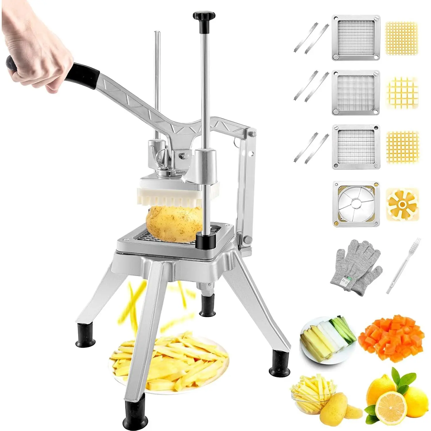 VEVOR Aluminium Commercial Vegetable Chopper with 4 Blades, Stainless Steel French Fry Cutter Potato Dicer Fruit Slicer, Comfortable Operation for Food Preparation in Restaurants & Home Kitchen