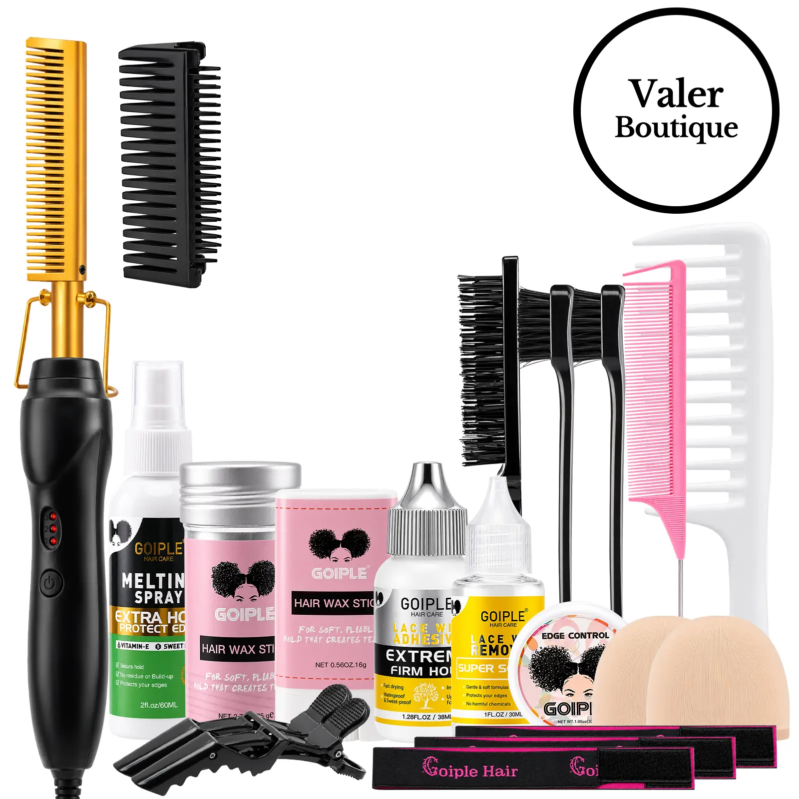 19 in 1 Hot Comb Styling Kit for Natural Black Hair Beard with Wig Glue Hair Wax Set Electric Straightener Curler Machine Christmas Gift Bundle,Mother's Day's prefect gift  Anti-Scald Attachment Temperatures Adjustable Straightening Bristle Hair Styler