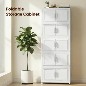 Extra Large 34.7in Foldable Storage Cabinet 3/4/5 Tier Stackable Plastic Organizer with Doors & Wheels, Heavy Duty Space Saving Storage for Living Room Kitchen Bedroom Office (21.7/25.6/29.5in Available)