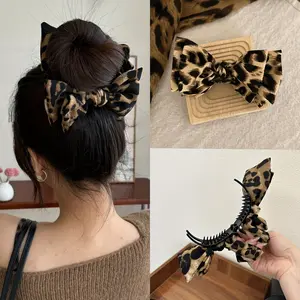1 Piece, Leopard Print Bowknot Bun Hair Claw, High-End Hair Fixing High Ponytail Hair Clip, Vintage Brown and Black Animal Print Design, Suitable for Ponytails and Buns, Fashion Fabric Shark Clip