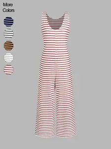 Women's Striped Sleeveless Loose Comfortable Jumpsuit, Stylish Summer for Casual Wear, Adjustable Fit for All Body Types
