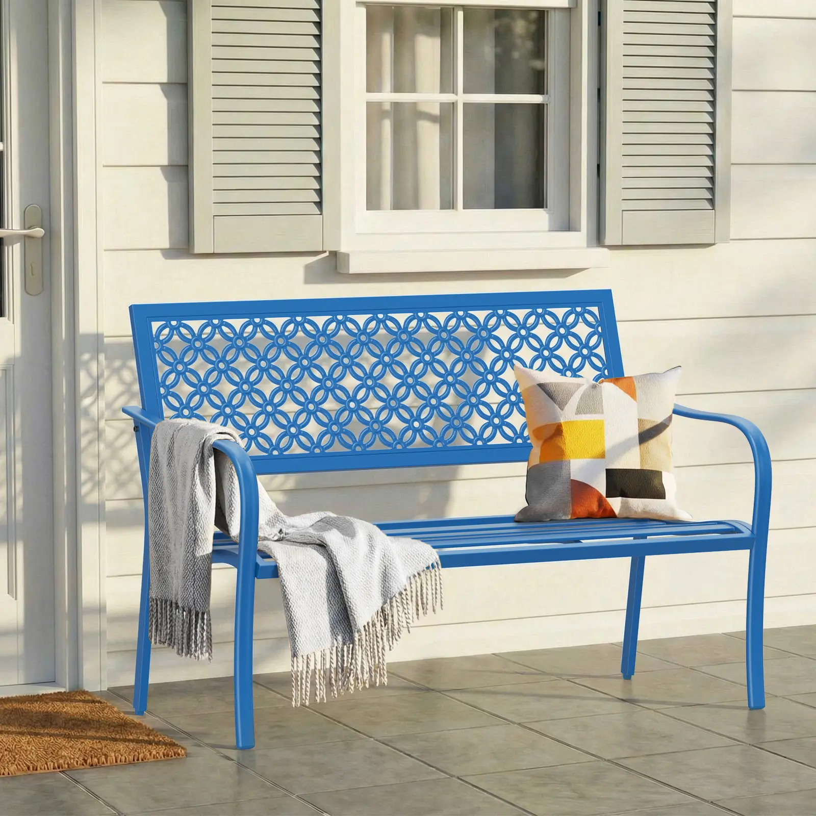 ONBRILL Modern Ergonomic Outdoor Garden Bench - Galvanized Metal Frame, Floral Backrest, Adjustable Ft, Yellow - Front Porch Patio Furniture for Yd, Park, Entryway, Durable Home Outdoor Furniture