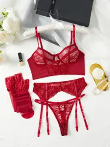 Christmas Five-Piece Set Sexy Lingerie Elegant Romantic Hot Tempting Stockings Lace Comfortable Women's Underwear with Halter Design