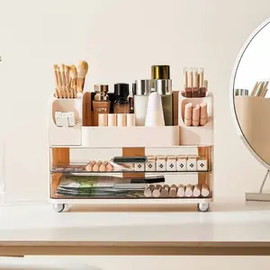 Makeup Organizer Box with Brush Holder, Beauty Organizer, Storage Container for Skincare & Office Supplies, Easy-To-Use Cosmetic Display Case, Multilayer Storage